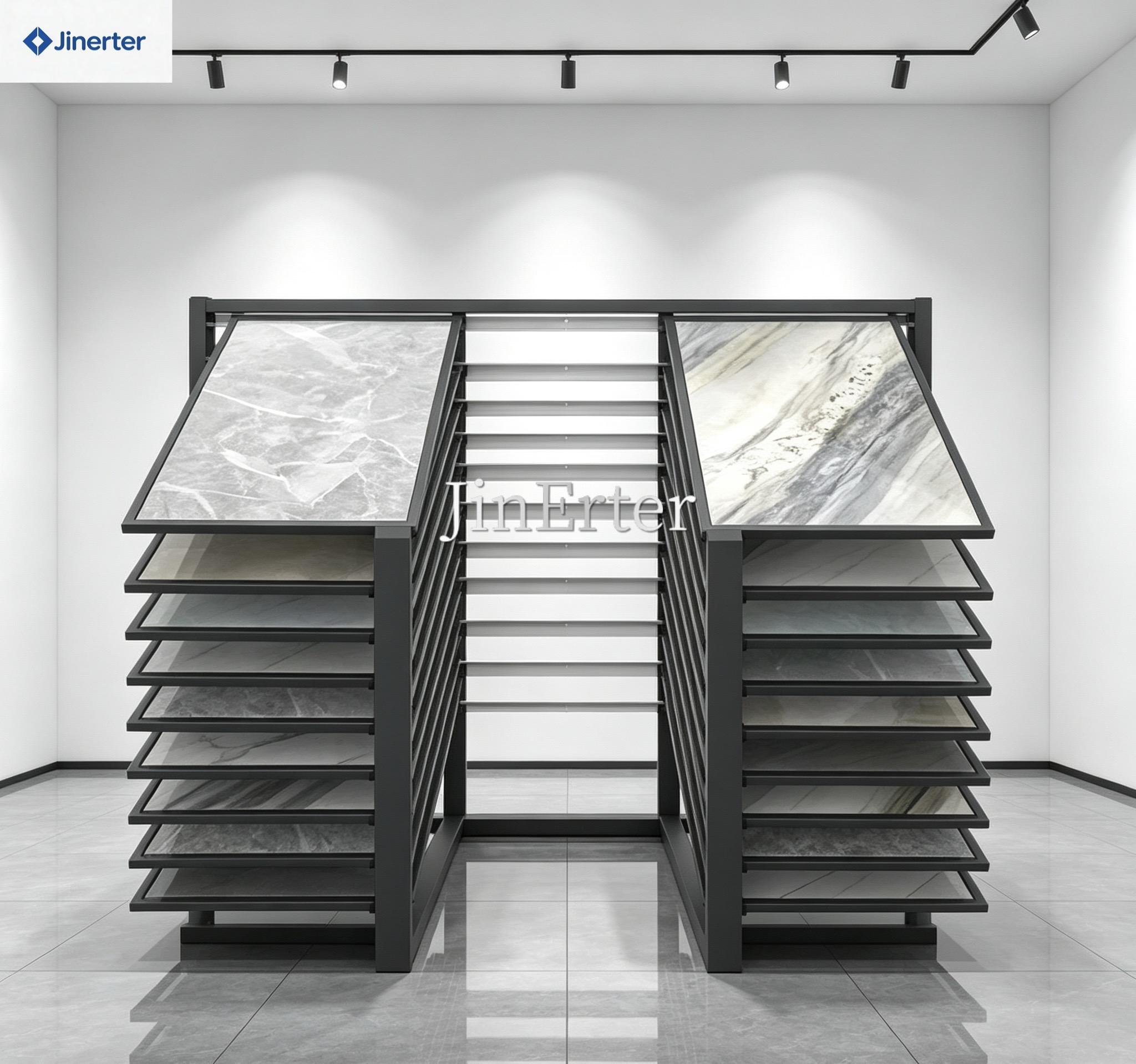 Factory-direct, custom-made multi-tiered angled tile display racks, suitable for marble and wood-look tile showrooms