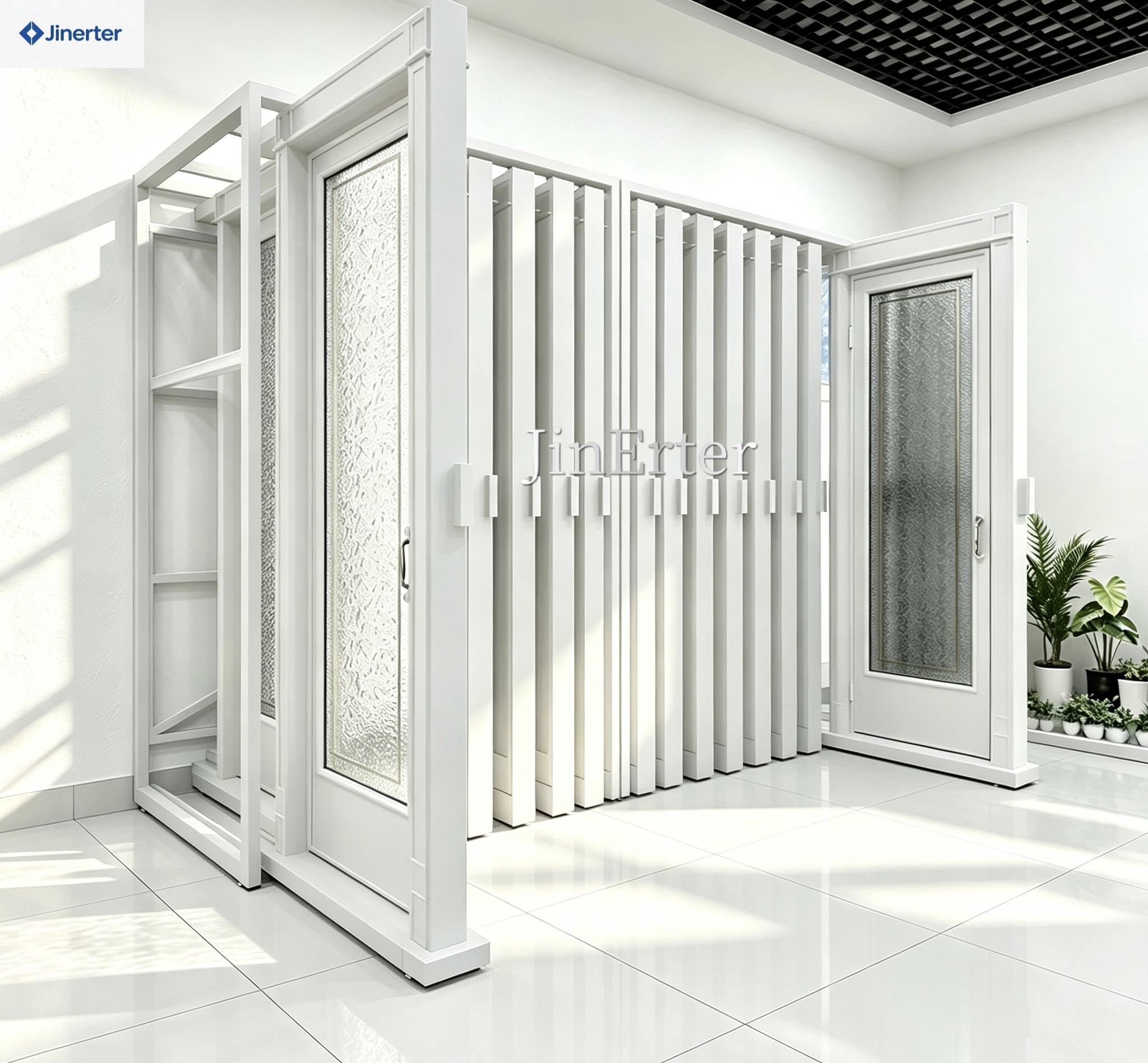 Factory-direct modern wooden door display rack with customizable dimensions and pull-out sliding shelves, designed for showrooms