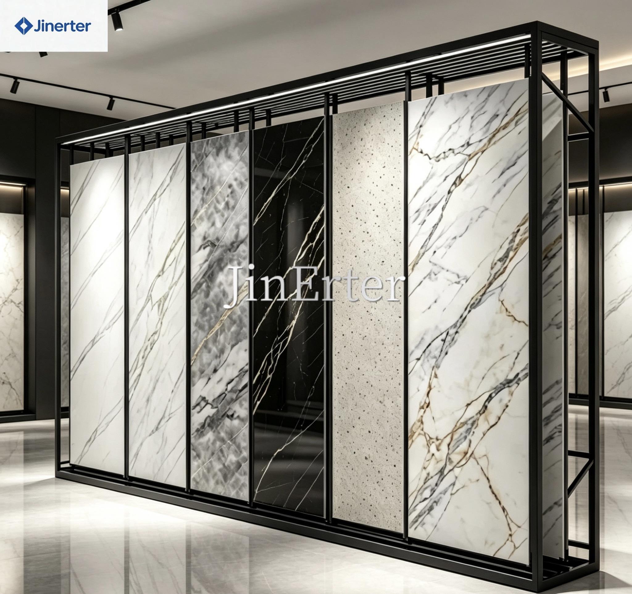 Customizable metal, quartz, and granite display racks with sliding mechanisms for marble and stone displays