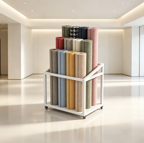 Mobile Metal Carpet Fabric Roll Display Rack with Detachable Wheels Polished Powder Coated