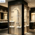 Customized bathroom accessory display rack, standalone toiletries, bathroom fixtures, toilet, sink, faucet display stand.