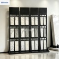 Customizable metal freestanding tile display racks, suitable for showrooms featuring ceramic, granite, quartz, and marble