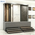Customizable sliding drawer display units, ideal for displaying tiles, marble, granite, hardwood flooring, and stone