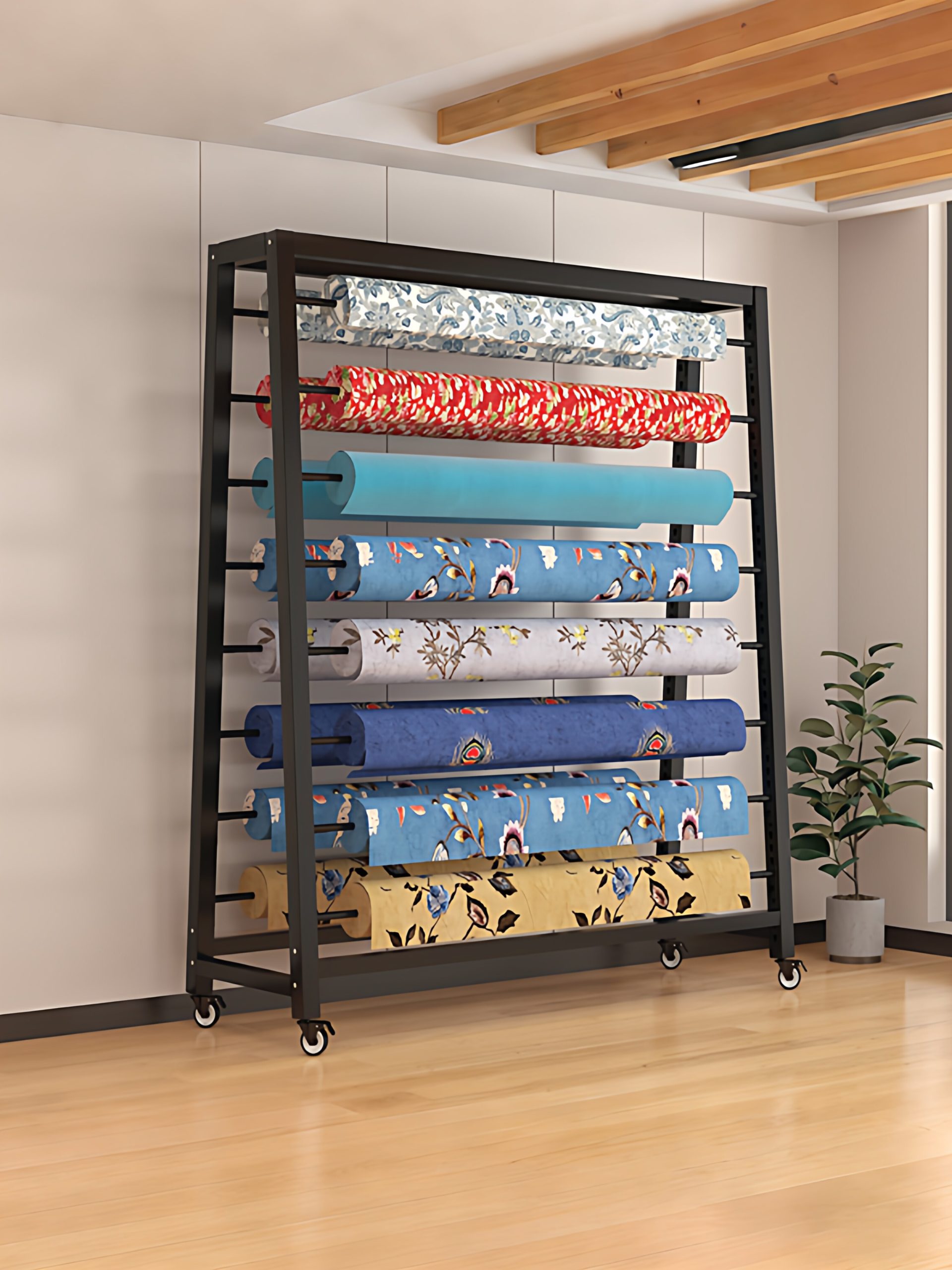 Metal Fabric Display Rack with Mobile Adjustable Rotatable Shelves for cloth samples